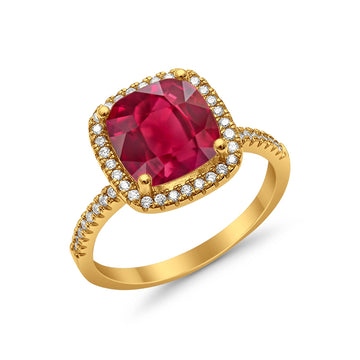Halo Cushion Engagement Ring Yellow Tone, Simulated Ruby CZ 925 Sterling Silver